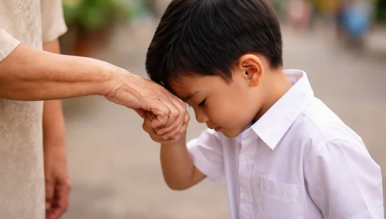 A young Asian boy in a white shirt bows his head, touching it to an elder's hand in a traditional gesture of respect.
